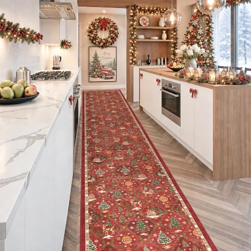 Christmas 2x12 Runner Rugs for Hallway, Red Non Slip Washable Kitchen Rug