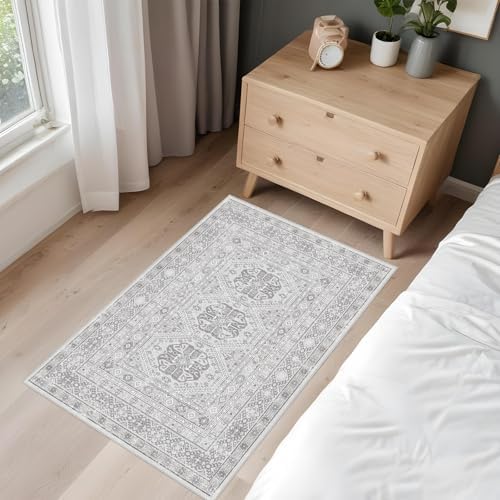 2x3 Area Rug Washable Vintage: Non Slip Throw Rugs for Entryway Floor Grey