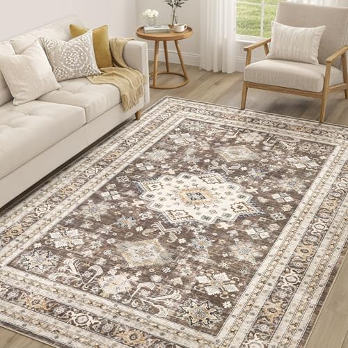 cotiled 6x9 Area Rug for Living Room, Washable, Traditional, Dark Brown