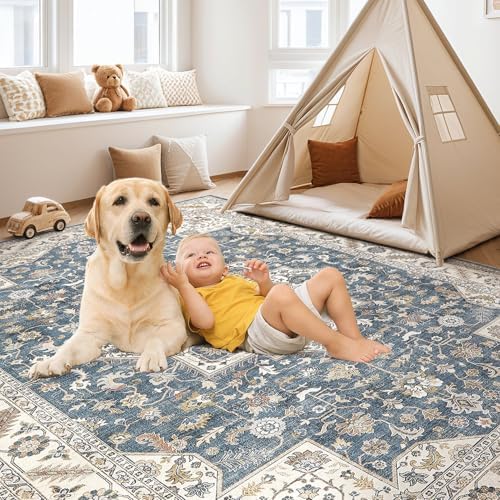 cotiled 5x8 Area Rug for Living Room, Washable, Traditional, Vintage Blue