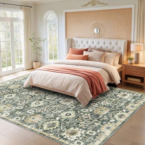 Amada 6x9 Washable Area Rug for Dining Room, Green/Brown, Vintage Pattern