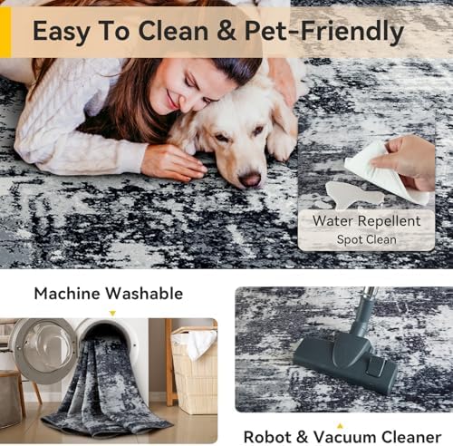 RELEANY Washable 6'x9' Abstract Area Rug for Living Room Black White