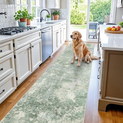 3x20 ft Extra Long Hallway Runner Rug - Non-Slip Washable Floor Runner with Rubber Backing, Modern Low Pile Thin Wide Carpet for Entryway, Kitchen, Living Room（Sage Green, 3x20）