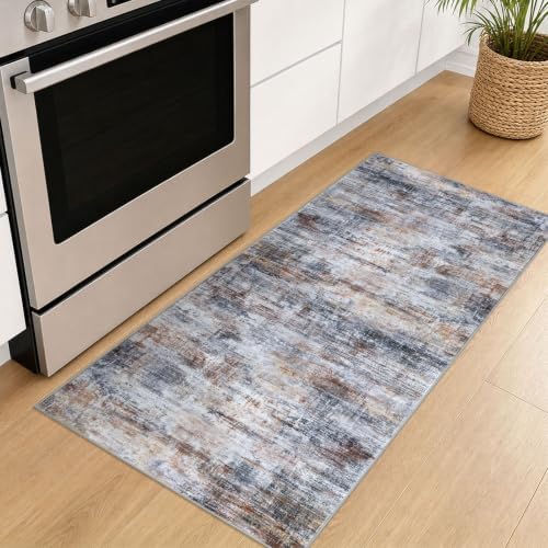 IOHOUZE Abstract Runner Rug 2x5 Ft Washable Runners for Hallways, Non Slip Kitchen Runner Soft Printed Faux Wool Entryway Runner Indoor, Modern Abstract Floor Carpet for Hall Bedroom, Orange Grey