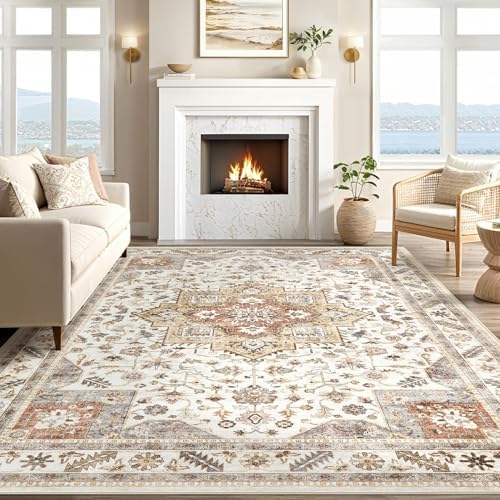 cotiled 8x10 Area Rug for Living Room, Washable, Traditional, Golden Taupe