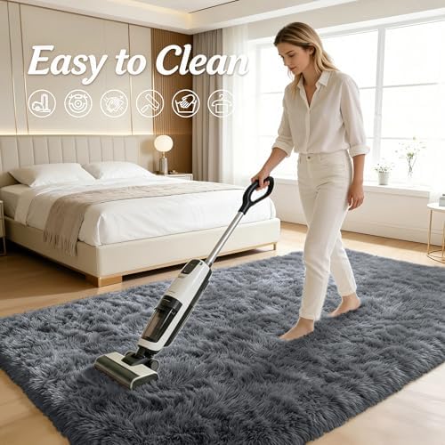 OLANLY 8x8 Machine Washable Large Area Rugs for Living Room, Bedroom, Soft Fluffy Shaggy Bedside Rug, Indoor Floor Carpet for Kids Girls and Boys, Dorms, Nursery, Home Decor Aesthetic, Grey
