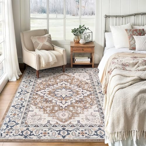 Lofus 4x6 Area Rugs for Living Room Bedroom, Soft Boho Carpet Floral Brown