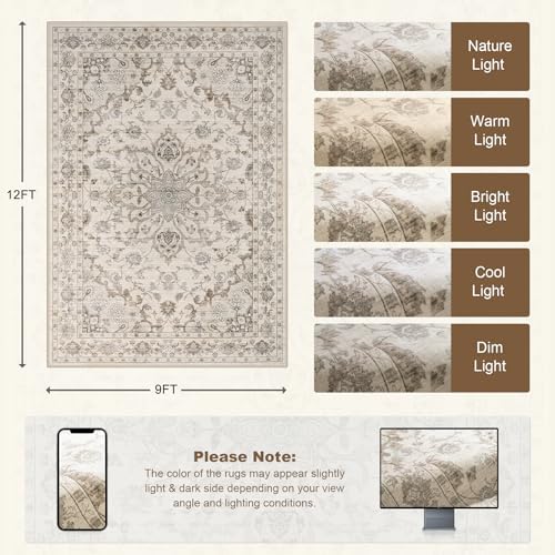 9x12 Area Rugs Living Room: Washable Rug for Bedroom Brown Beige