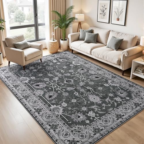 Hanples 5x7 Area Rugs for Living Room, Washable Rug Vintage Floral, Black