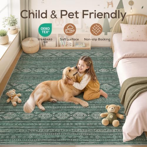 Nakagishi Area Rugs 9x12 Living Room: Washable Boho Large Neutral Modern Soft Farmhouse Green Rug Stain Resistant Indoor Floor Non-Slip Carpet for Women Home Enthusiasts Aged 25-45 - Bedroom Room