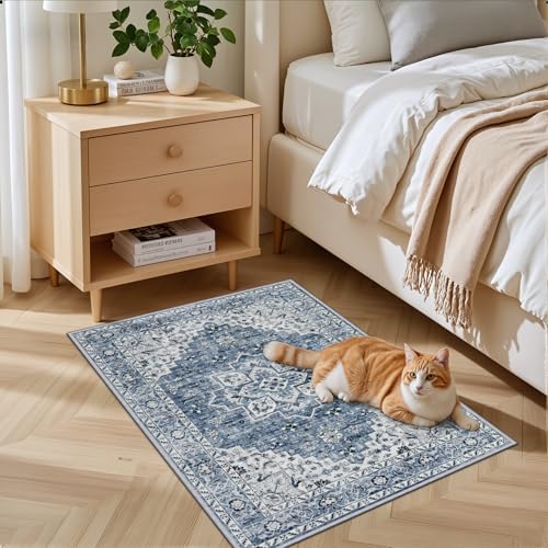 2x3 Area Rugs Living Room: Washable Vintage Rug for Bedroom Blue