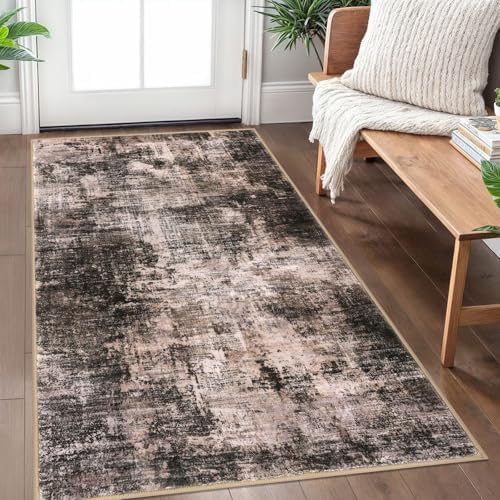 IOHOUZE Abstract Area Rug 3x5 Ft Washable Rugs for Entryway Indoor, Non Slip Kitchen Rug Printed Faux Wool Throw Rugs, Indoor Door Mat for Door Entrance Foyer Living Room, Brown/Rust