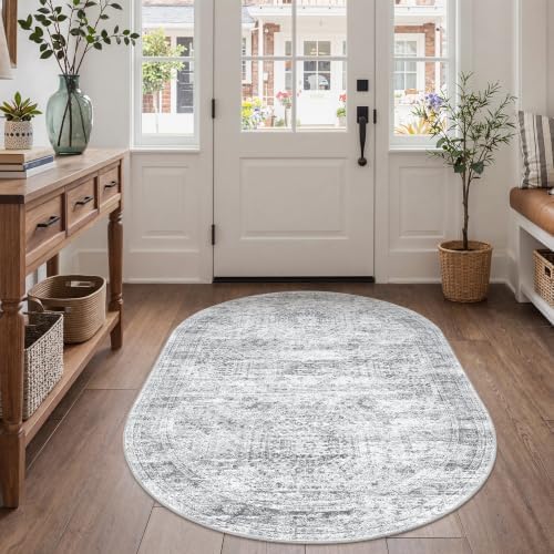 3x5 Oval Rug for Bedroom,Washable Area Rug,Grey