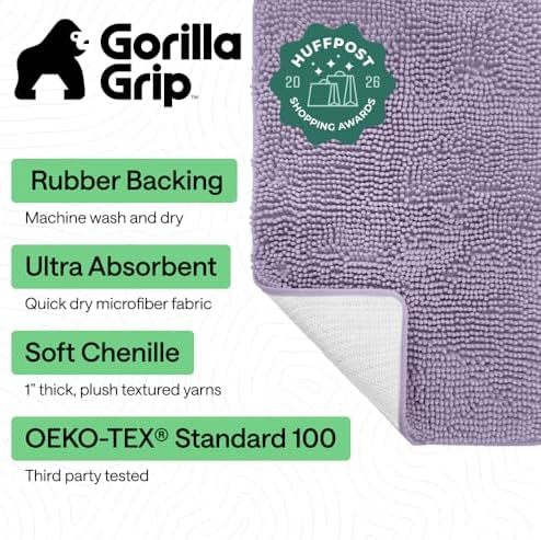GORILLA GRIP Bath Rug Mat for Bathroom, Absorbent Chenille, 44x26 Purple