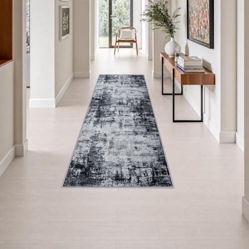 2x6 Washable Runner Rug：Modern Abstract Soft Carpet Dark Black