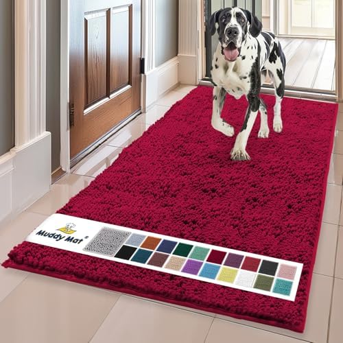 Muddy Mat® | Super Water Absorbent Door Mat Indoor, Microfiber Quick Dry Chenille Entryway Rug, Slip Resistant Front Door Mat, Indoor Mats for Entryway, Machine Washable Pet Rug, Maroon 24" x 96"