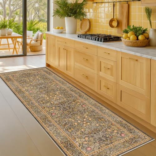 Brown 2'6" x 8' Runners for Hallways Non Slip, Long Rug Runner for Kitchen, Entryway Indoor, Washable Rubber Backing Stain Resistant - Soft Boho Vintage Gold Brown Floral Décor