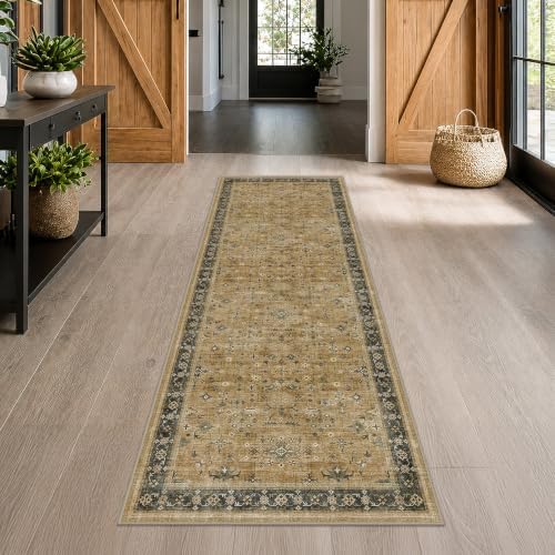 Washable Long Runners for Hallways, 2'6"x8' Wide Kitchen Runner Rug, Bohemian Rustic Brown and Charcoal Olive Entryway Indoor Rug, Non-Slip Stain & Fade Resistant