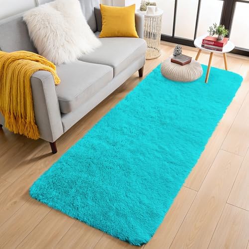 OLANLY 2x6 Machine Washable Runner Rugs for Hallway, Soft Fluffy Shaggy Bedside Rugs for Bedroom, Living Room, Indoor Floor Carpet for Kids Girls Boys, Nursery Rooms, Home Decor Aesthetic, Teal Blue