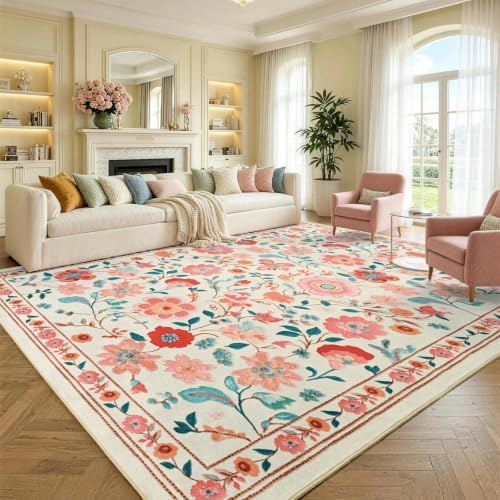 9x12 Ft Washable Area Rug for Living Room Beige Vintage Floral Carpet
