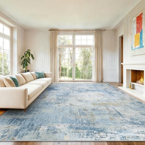 Amada Washable 10'x14' Abstract Area Rug for Living Room Light Blue