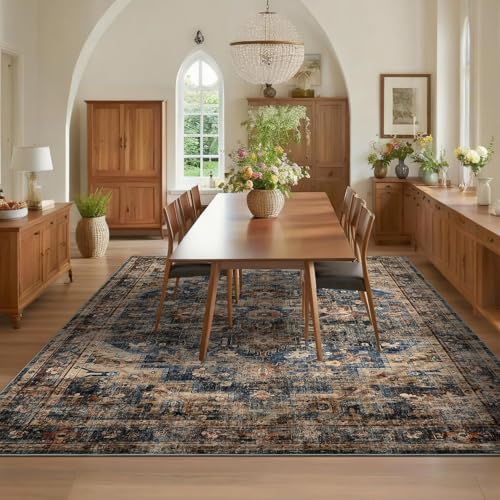 GarveeHome 10x13 Washable Vintage Living Room Blue&Brown Area Rug