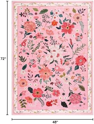 Macgace Floral Area Rug for Bedroom, Machine Washable 4x6 Pink Throw Rugs