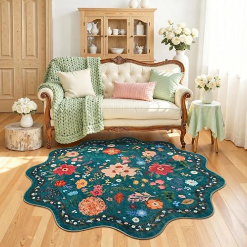 Macgace Floral Round Rug for Girls Bedroom, Washable 4ft Green Area Rugs
