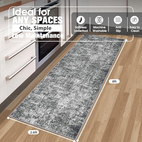 Aelenmu Runner Rugs for Hallways Kitchen 2.6x8 Non Slip Washable Black Grey