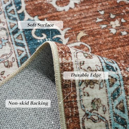 Ksrau 3x8 Runner Rug Washable Vintage: Non Slip Kitchen Runners Brick/Blue