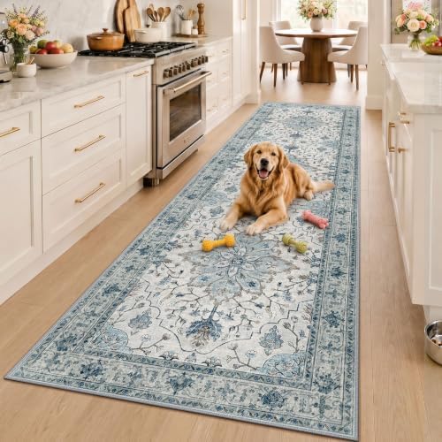 RELEANY Washable Area Rug, Runner 3'x10', Blue/White/Gray