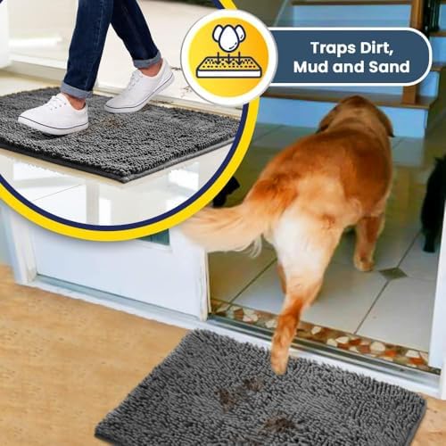 Muddy Mat® | Super Water Absorbent Door Mat Indoor, Microfiber Quick Dry Chenille Entryway Rug, Slip Resistant Front Door Mat, Indoor Mats for Entryway, Machine Washable Pet Rug, Grey 2ft x 4ft