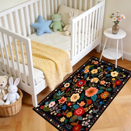 Floral Washable 2x4 Area Rugs Runner Entryway Hallway Black
