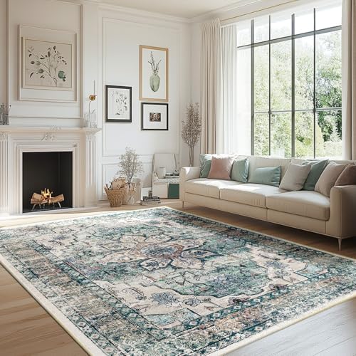 BESTSWEETIE Washable Boho 9x12 Area Rug, No Pile for Living Room, Green