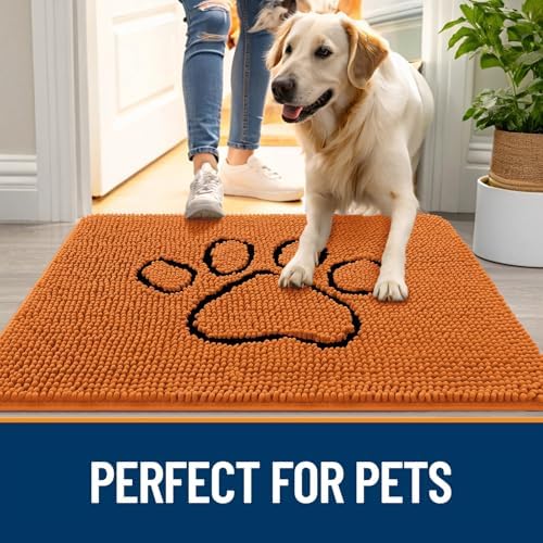 OLANLY Dog Door Mat for Muddy Paws 36x24, Paw Print Design Chenille Mud Mat