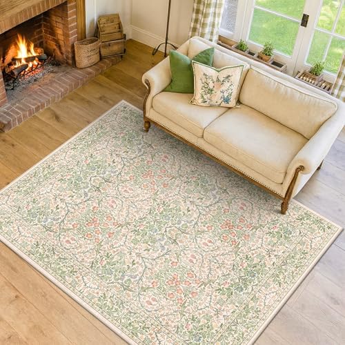 Washable Beige Green 5x8 Area Rug for Living Room, Large Entryway, Kids Room, Boy Bedroom, Playroom - Vintage Oriental Rug Low Pile Non Slip & Stain Resistance (5x8 Beige Green)