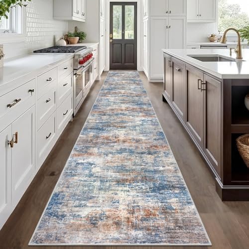 IOHOUZE Abstract Runner Rug 3x20 Ft Extra Long Washable Runners for Hallways, Non Slip Kitchen Runner Printed Faux Wool Entryway Runner Indoor, Modern Abstract Floor Carpet for Hall Stair, Blue Rust