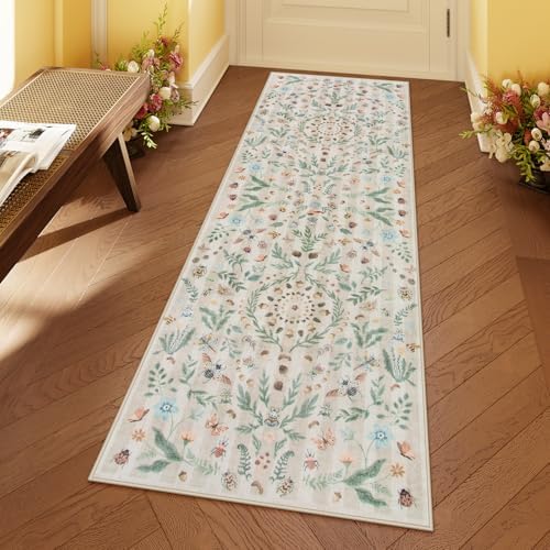 Lahome Washable Insect Botanical 2x6 Runner Rug for Entryway - Machine Washable Non-Slip Hallway Runner Rug, Beige Boho Low Profile Soft Faux Wool Carpets for Bedroom, Hallway, Laundry, Kitchen