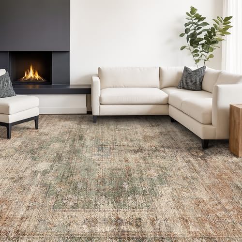 Low Pile Office Rugs for Rolling Chairs - 5x8 Modern Abstract Dark Rugs for Living Room, Large Entryway, Brown and Green with Burnt Orange Accent, Non Slip Stain Resistant, Distressed Design