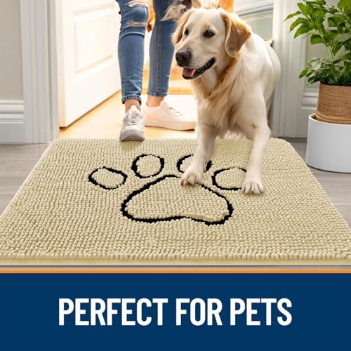 OLANLY Dog Door Mat for Muddy Paws 36x24, Paw Print Design Chenille Mud Mat