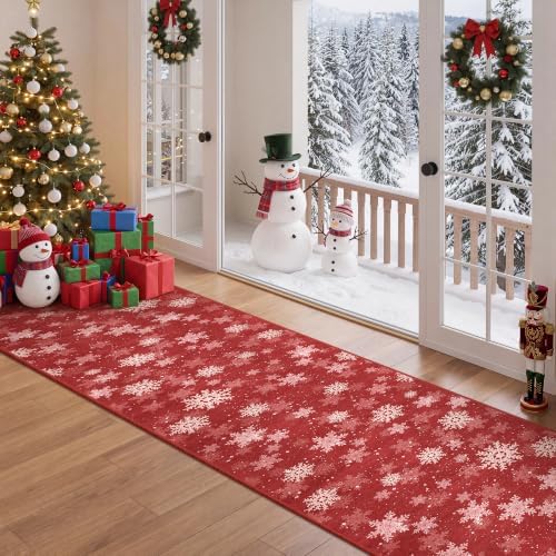 2x10 Christmas Runner Rug for Hallway,Washable Kitchen Rugs,Red