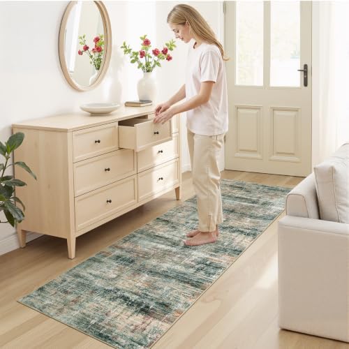 2x 8 Area Rug for Hallways, Abstract Washable Runner Rugs,Coffee/Green