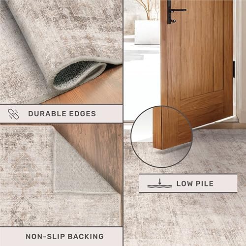 Washable Non Slip Stain Resistant 2x5 Runner Rug for Bathroom, Kitchen, Laundry Room, Bedroom Beside Bed, Unique Tan Distressed Abstract Eclectic Runner Décor, Beige Brown, Distressed Design