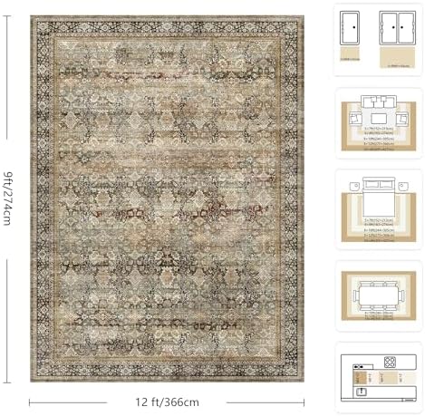 9x12 Area Rugs for Living Room - Washable Vintage Retro Large Rug, Soft Ultra Thin Non Slip Low Pile Traditional Distressed Boho Carpet for Bedroom Dining Room Home Office, Charcoal Olive