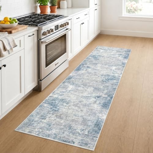 IOHOUZE Abstract Runner Rug 2x7 Ft Washable Runners for Hallways, Non Slip Kitchen Runner Printed Faux Wool Entryway Runners Indoor, Modern Floor Carpet for Hall Kitchen Bedroom, Light Blue Grey