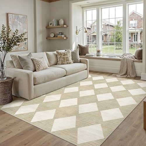 PureCozy 5x7 Washable Area Rug Living Room Beige Non Slip Checkered Carpet