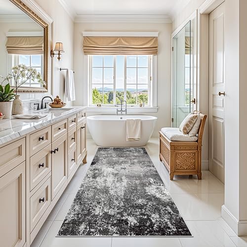 3x6 Non-Slip Washable Kitchen Rug - Soft Wide Indoor Carpet Runners for Entryway, Hallway, Bathroom with Rubber Backing, Modern Distressed Low-Pile Thin Floor Runner (Black Grey,3x6)