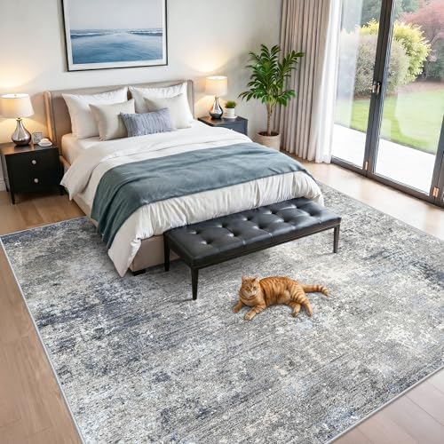 11x11 Square Area Rug for Living Room–Washable Non-Slip Soft Large Rug for Bedroom Playroom – Low-Pile Stain-Resistant Modern Abstract Neutral Indoor Carpet (Blue Grey, 11x11)