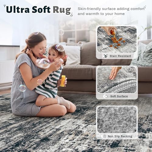 XLUEZ 9x12 Area Rug for Living Room, Washable Modern Abstract Large Area Rug Neutral Soft Non Slip Kids Rug Stain Resistant Indoor Carpet for Bedroom Dining Room Playroom Office(BlackGrey, 9'x12')
