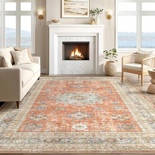 cotiled 5x7 Area Rug for Living Room, Washable, Traditional, Orange